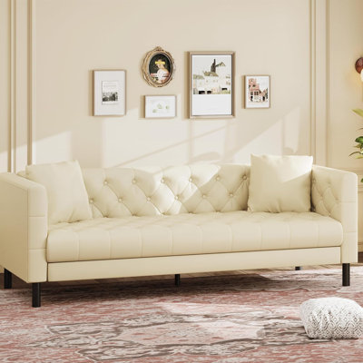81" Mid Century Leather Sofa, 3 Seat Chesterfield Couch with Tufted Back Beige
