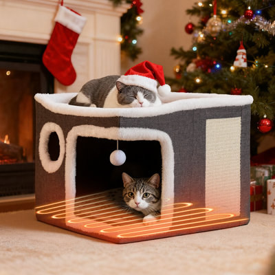 Heated Cat House, Adjustable Temperature Cat Heating Bed with Cozy Cave & Scratching Board, Foldable Cat Hideaway with Removeable Heating Pad