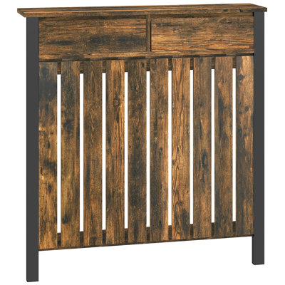 Rustic Industrial Radiator Cover with Top Drawer, Black Frame and Mid-Brown Wood-Effect Body, 93cm High x 88.5cm Wide