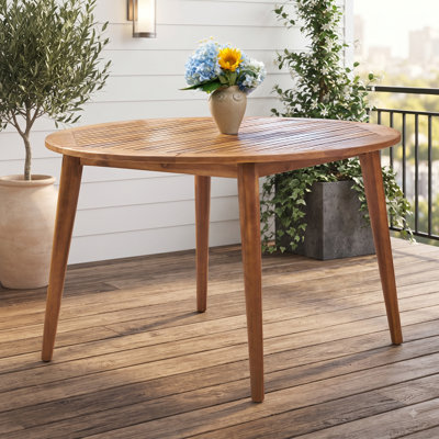 Table de salle à manger ronde LifeSky en bois d'acacia à lattes, 120 cm (47,25 pouces), pour 4 à 6 personnes : évacue l'eau de pluie en quelques secondes, prête à l'emploi après la pluie - finition teck - table de patio pour terrasse, balcon ou véranda - montage facile