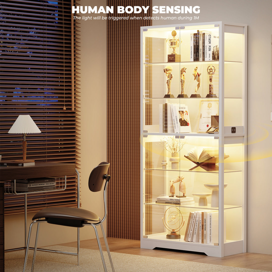 71" Display Cabinet with Glass Door, 6-Tier Curio Cabinet with 3 Color Lights