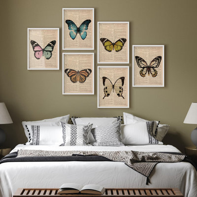 Framed Wall Art Collage Print Gallery Set, Vintage Butterfly Prints on Newspaper Background Photography Modern Decorative for Living Room, Bedroom, Office