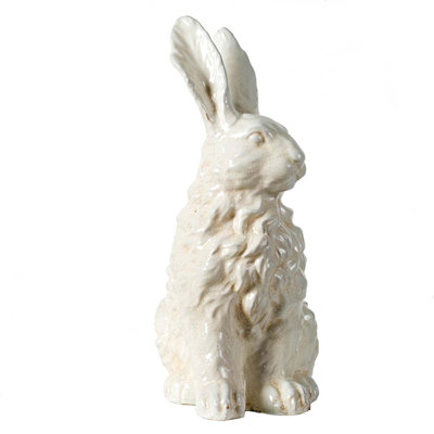 Figurine de lapin en céramique blanche 18 po avec texture bouclée et glacis craquelé, sculpture décorative de lapin Angora pour manteau de cheminée, table ou bibliothèque