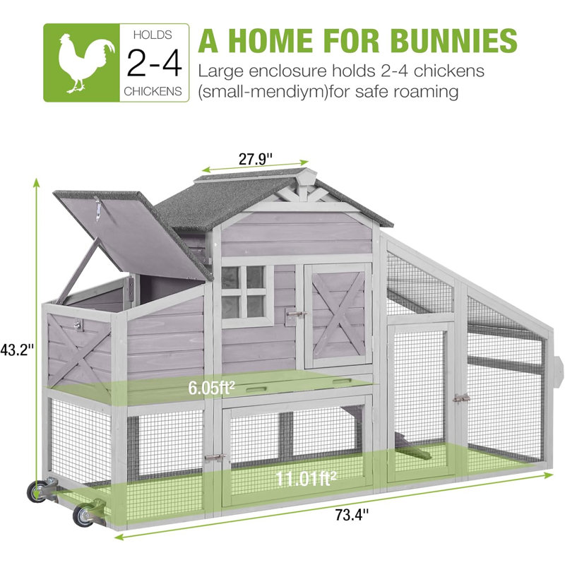 17.1 Square Feet Chicken Coop with Chicken Run For Up To 4 Chickens, Gray