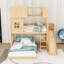 Lit superposé simple au dessus d'un lit double en bois avec tablettes, glissoire intégrée et garde-robe-129444410