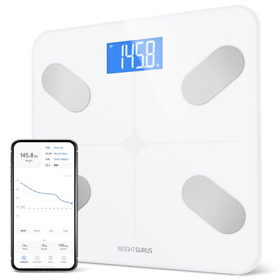 Greater Goods Wifi Bathroom Scale, Measures Weight, Bmi, Body Fat, Muscle Mass, And Water Percentage, Upto 8 Users, 400 Ibs, White