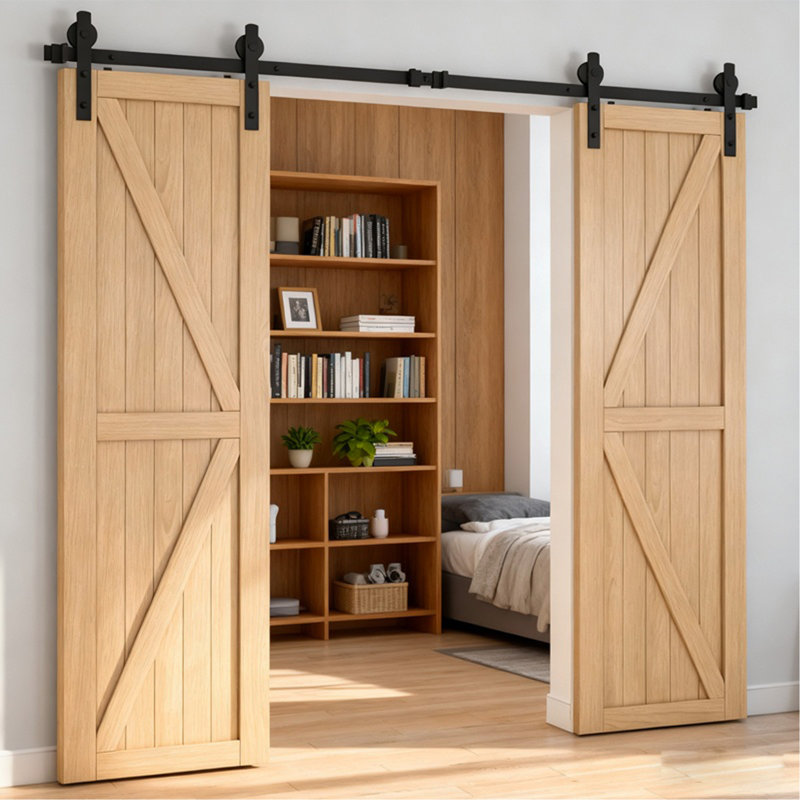 Ensemble de quincaillerie pour porte de grange coulissante double 8 pi 8 po, poulie J de base, coulisse doucement en douceur et installation facile