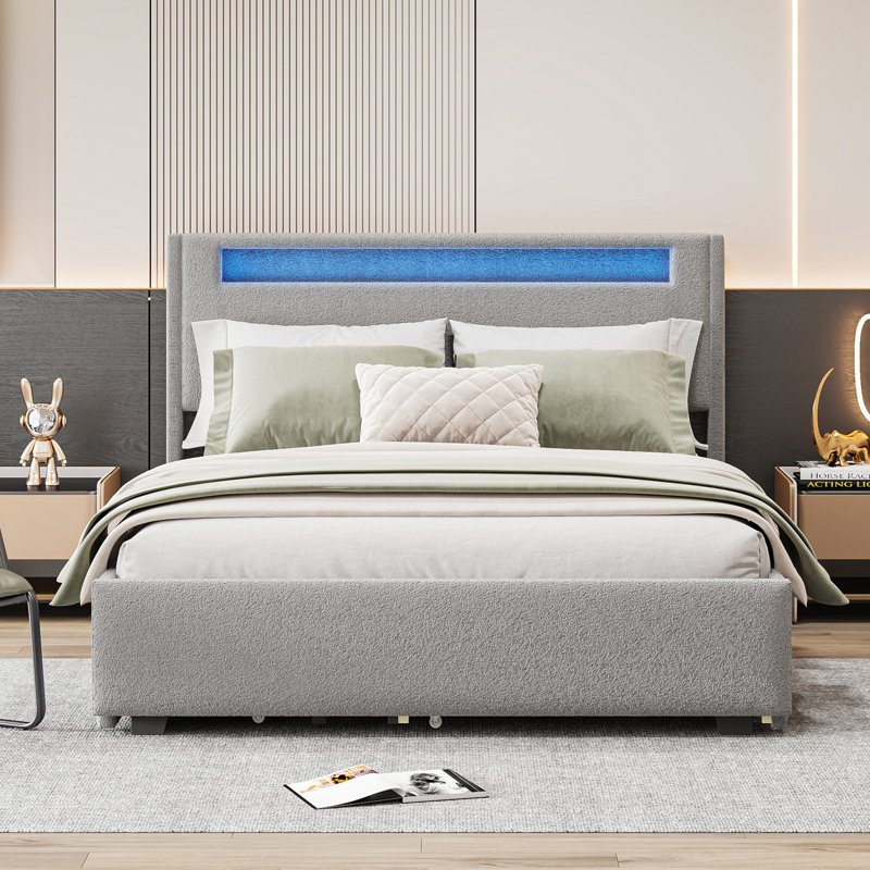 Lit plateforme tapissier Jomana, Double, gris