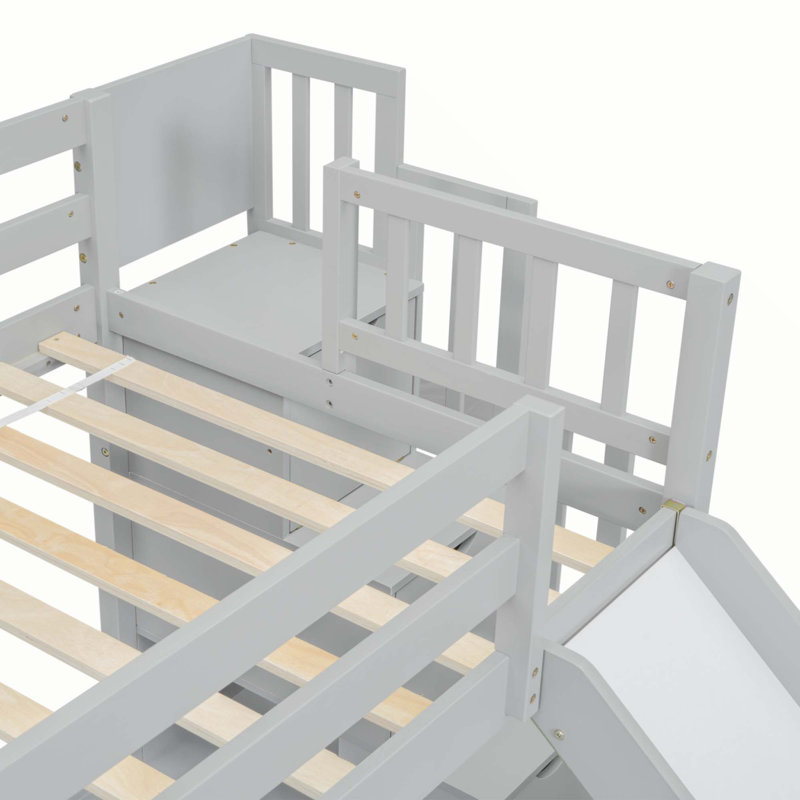 Twin Over Full Bunk Bed with Slide, Storage Staircase, Pine Solid Wooden Bunk Bed with Safety Guardrails, Gray