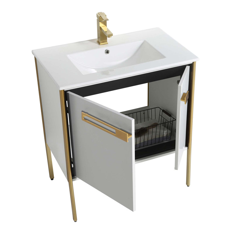 30" Single Bathroom Vanity, Satin Brass, White Matte