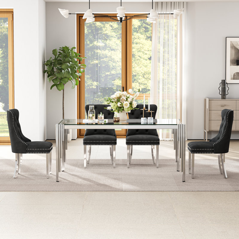 65" Glass Dining Set Of 5, Modern Rectangular Tempered Glass Table With Irregular Round Tube Stainless Steel Legs And 4 Velvet Upholstered Dining Chairs With Nailhead Trim