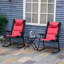 Ensemble de mobilier d'extérieur 3 pièces avec table basse en verre et 2 chaises berçantes pliantes rembourrées, style bistro pour porche, camping, balcon, rouge