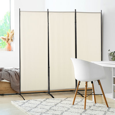 Beige Room Divider, 6' 3 Panel Privacy . Double-Hinged Folding. Metal Frame, Resilient. Space Saving. 69.97" H X 99.5" L 20.01" D. Home Interior Article Divider . Barrier Screen. Steady. Decor Element