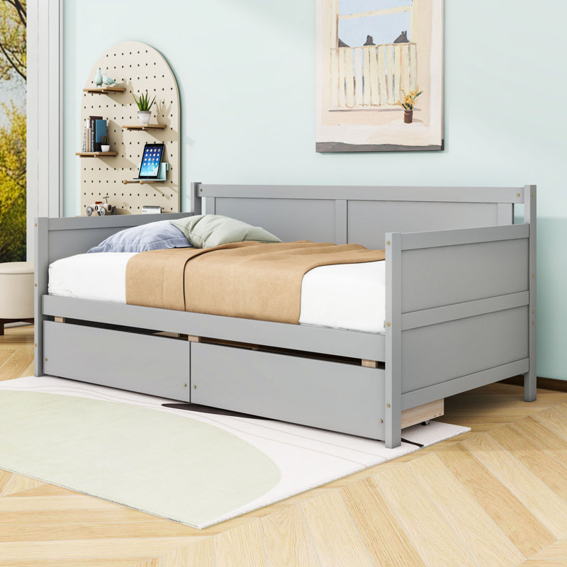 Lit de jour simple en bois 2 tiroirs, Gris