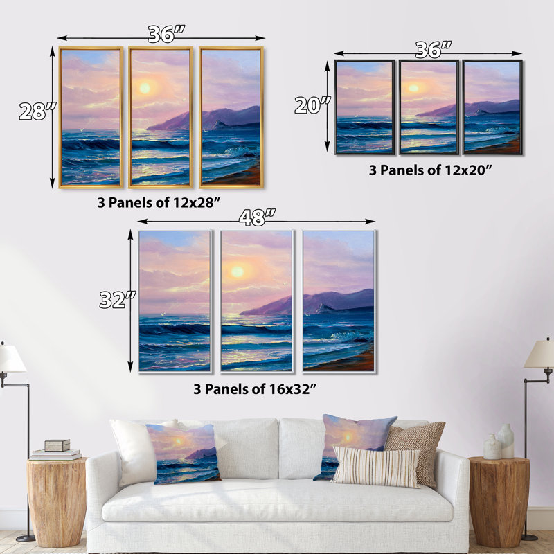 Coucher de soleil au-dessus des vagues de l'océan bleu foncé - ensemble d'art mural sur toile encadré nautique et côtier