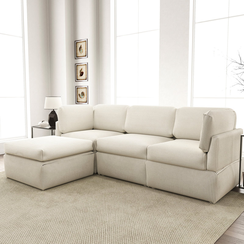 Canapé modulaire réversible de coin à 4 places avec repose-pieds Joko, Velours côtelé beige