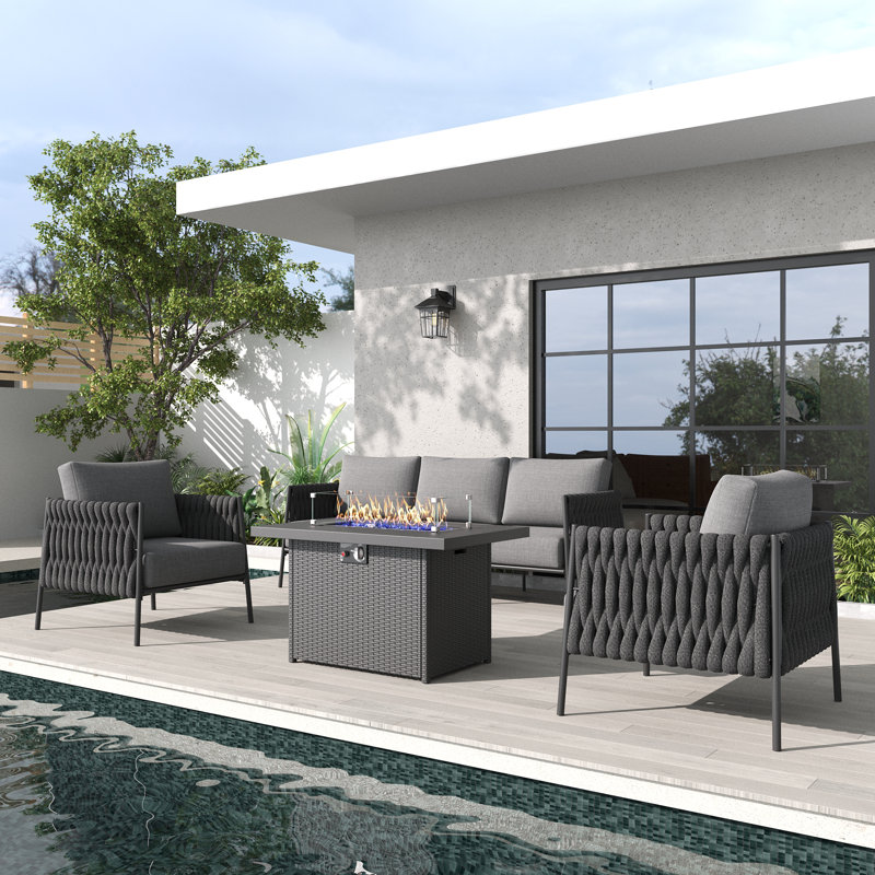 4 Piece Outdoor Furniture Set with Fire Pit Table, Modern Rope Woven Patio Conversation Sofa Set with Olefin Braid and Deep Seating