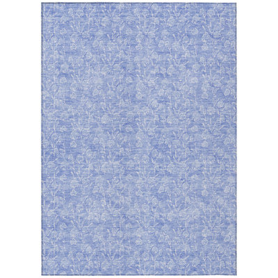 9' X 12' Denim Blue And Ivory Floral Washable Indoor Outdoor Area Rug