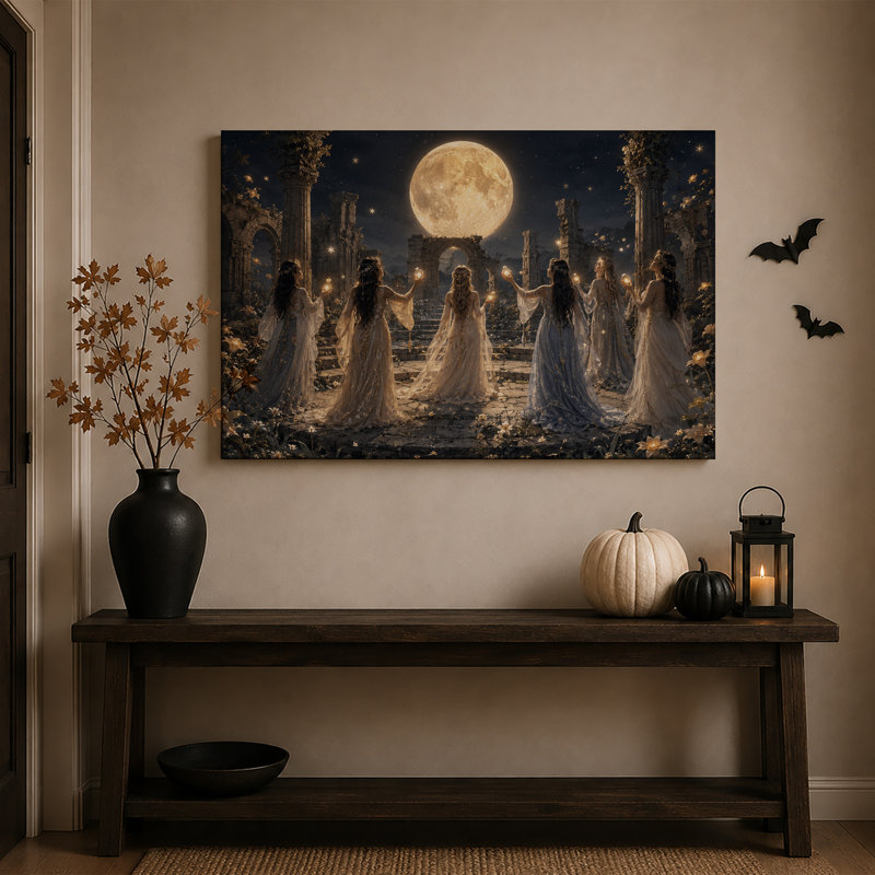 Femmes en robes tenant des orbes lumineuses sous une toile murale d'Halloween, H 32 po x l 48 po