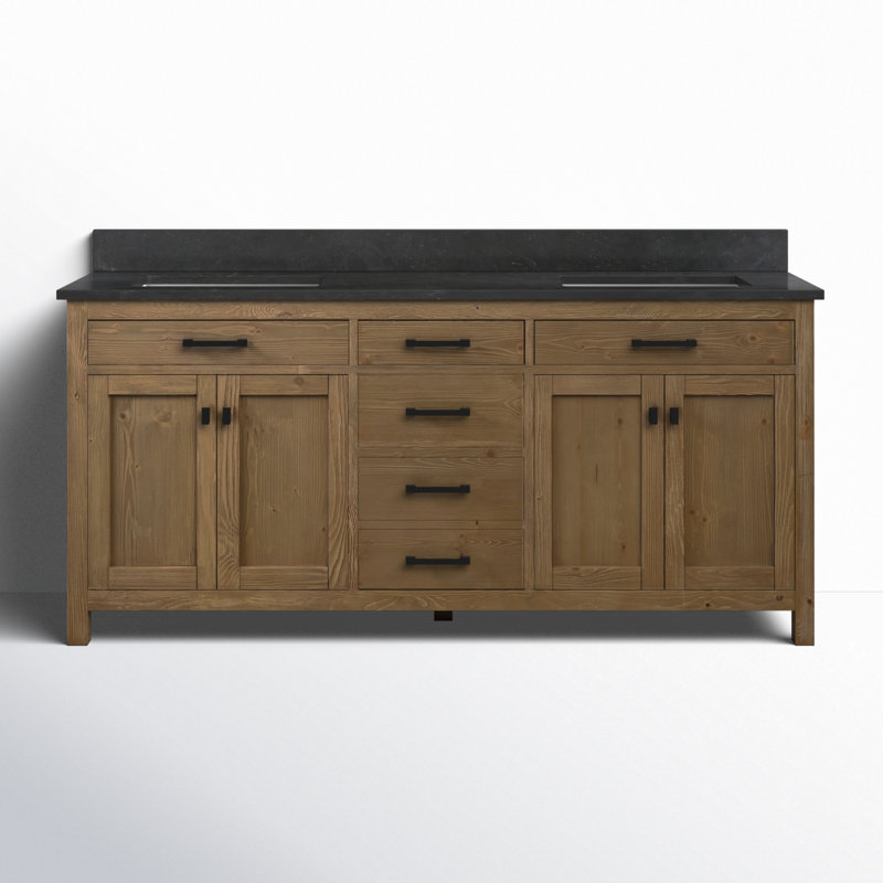 Ensemble de meuble-lavabo double 72 po Ajiya, Calcaire bleu, Naturel texturé / noir mat