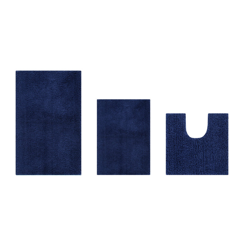 Loida Collection 100% Polyester Machine Washable 3 Piece Plush Bathroom Rug Set, Navy