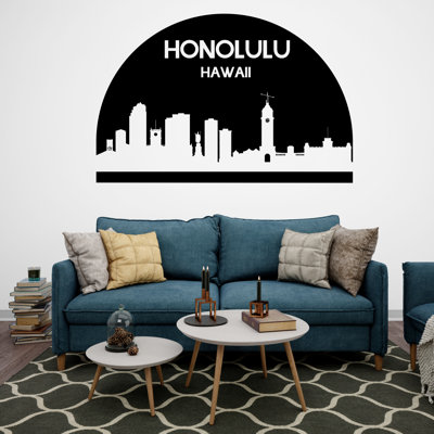 Honolulu City Skyline Arch Wall Decal, autocollant City Honolulu Hawaii, autocollant en vinyle, décoration de la maison, tête de lit, décalcomanie, salon, bureau, 174LU