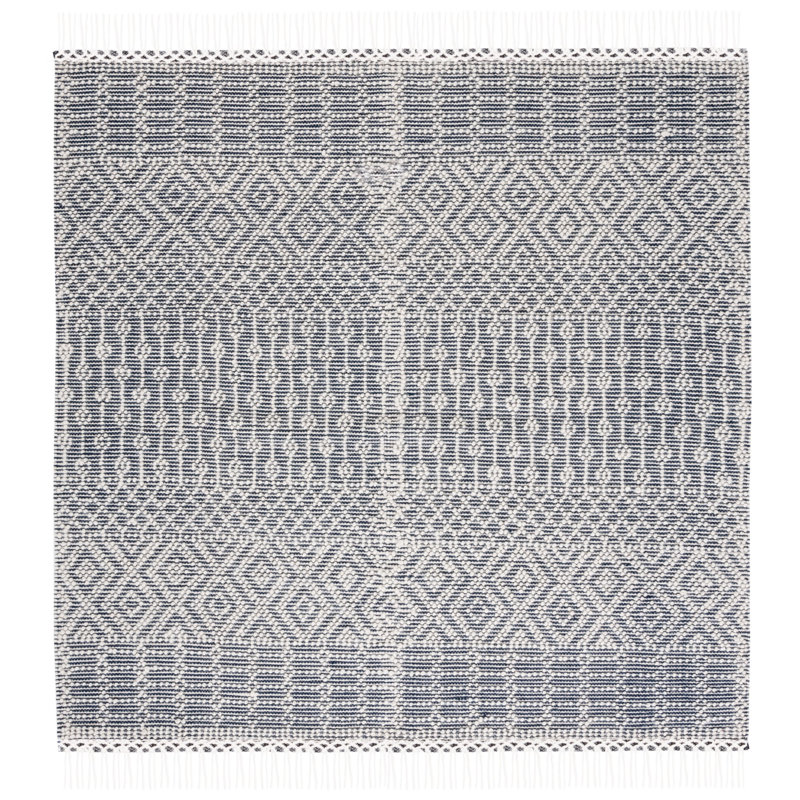 Aldeline Southwestren Handmade Flatweave Wool Ivory/Navy Area Rug, Square 8'