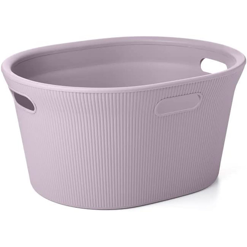 Lilac Ribbed Plastic Laundry Basket with Lid and Cut-Out Handles