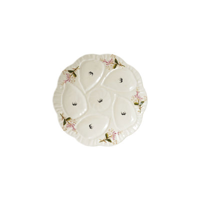 Vintage Reproduction Scalloped Stoneware Oyster Plate With Floral Design