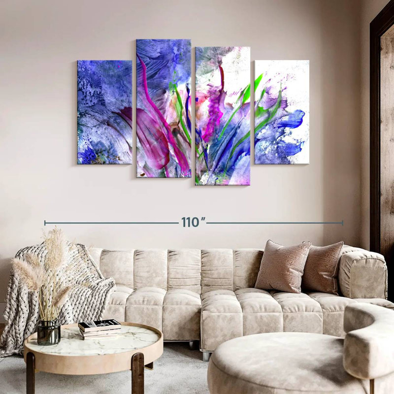 Ensemble de 4 fleurs abstraites sur toile, H 84 po x l 54 po x P 1,25 po