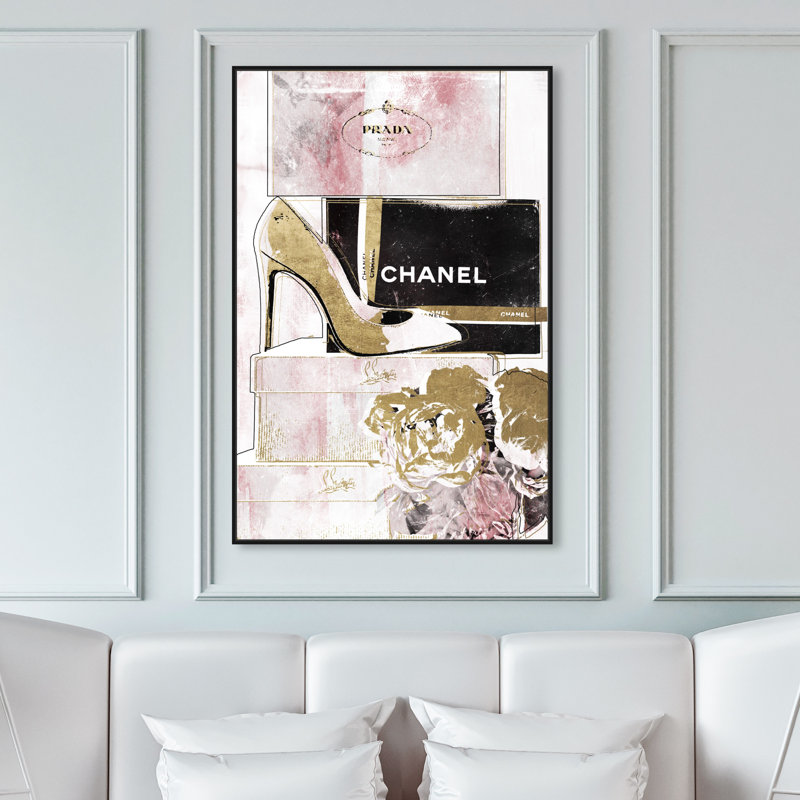 " Luxury Stacked Shoes Rose ", 45" H x 30" W, Black Framed
