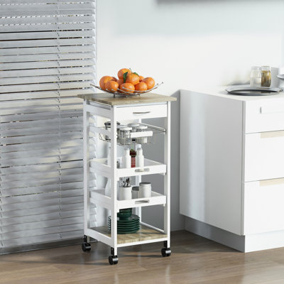 Rolling Storage Cart For Kitchen - White With Solid Wood Frame Vegetables And Dishes Mobile Island On Wheels Cosmetics
