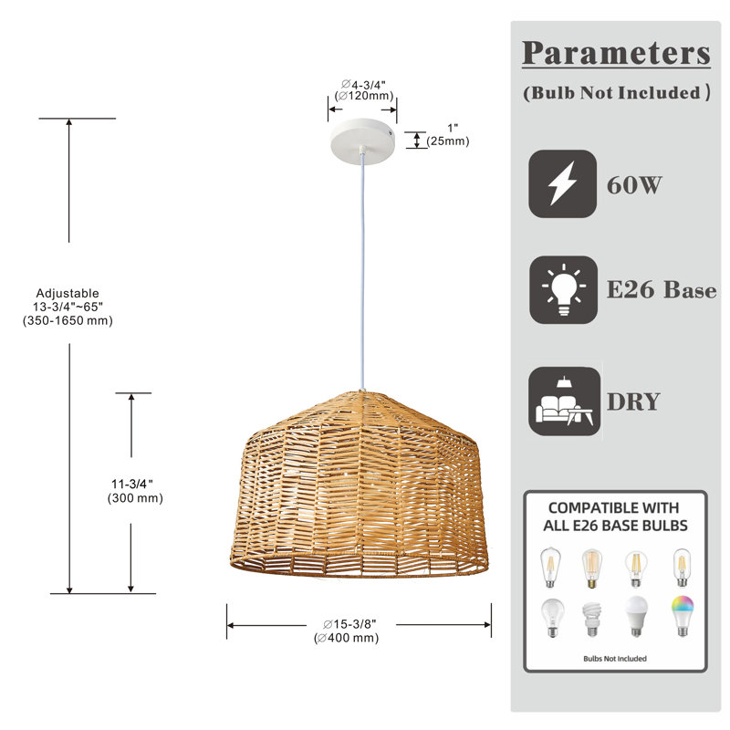 White 16" Tall Rattan Pendant Light