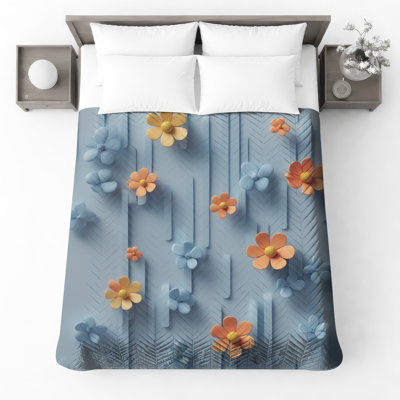 Blue Orange Flowers Quilted Bedspread All Sizes