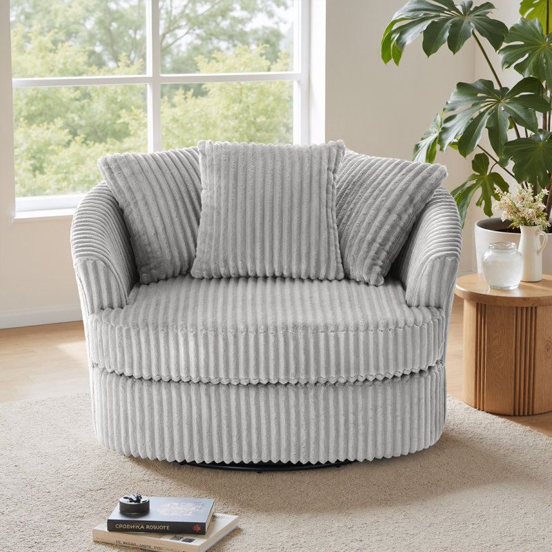 Ultra Plush Faux Rabbit Fur Oversized Swivel Barrel Chair with Three Pillows, Grey