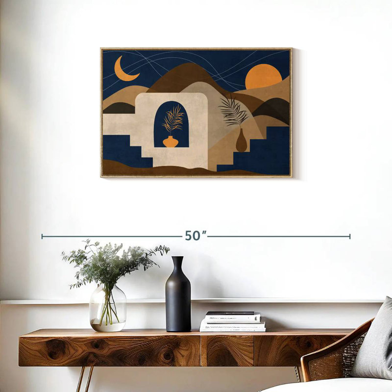 Boho, soleil, lune et montagnes II, Cadre flottant en bois naturel, 31 po x 21 po