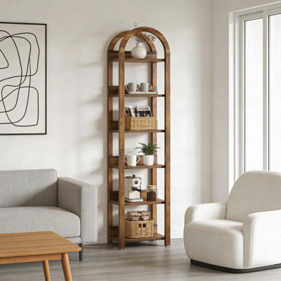6-Tier Slim Arched Bookcase – 70.87", Space-Saving, Rustic Wood