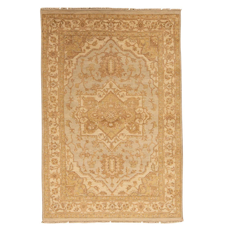 Tapis blanc / jaune en laine noué à la main de conception unique 4 pi x 6 pi