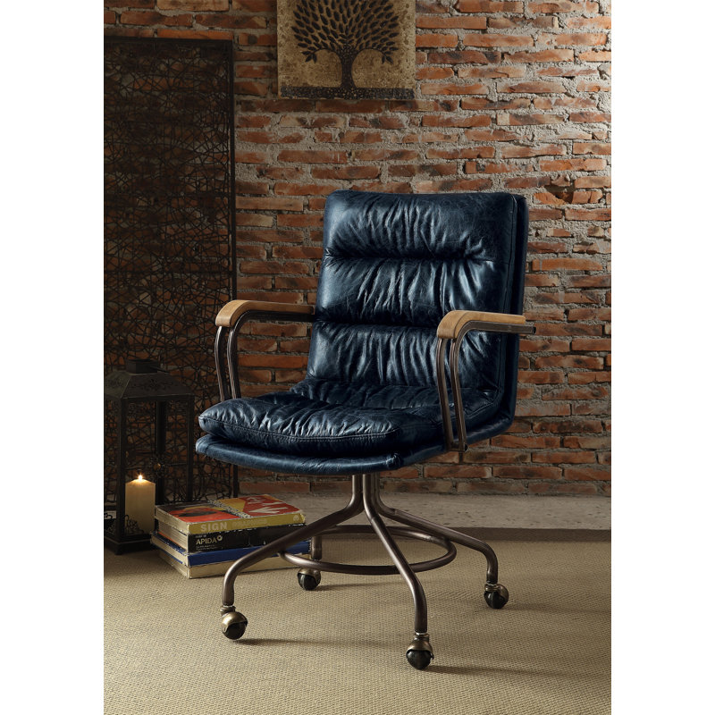 Harith II Vintage Blue Top Grain Leather Office Chair, Blue