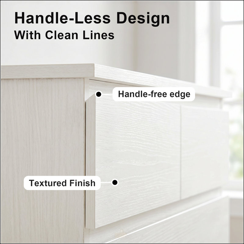 Commode haute 6 tiroirs pour chambre à coucher, commode moderne avec poignées dissimulées, rangement vertical en bois pour les chambres et les salons, blanc