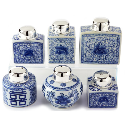 Collection Canton, ensemble de 6 pots à thé bleus et blancs, 14 cm de hauteur, en céramique peinte à la main avec couvercles en laiton nickelé