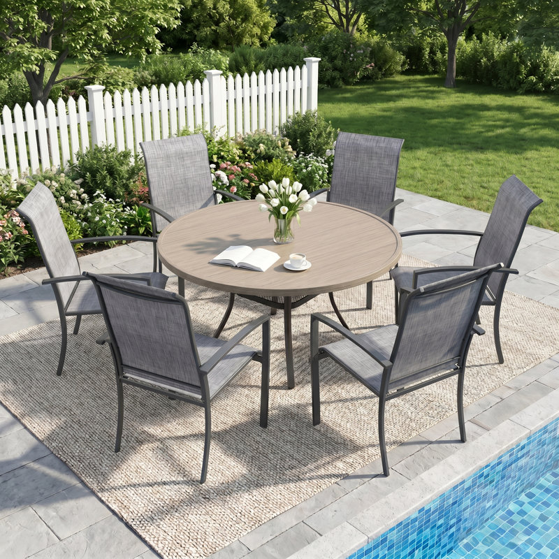 Ensemble repas pour patio 6 personnes avec chaises empilables, Gris boisé / métal / gris