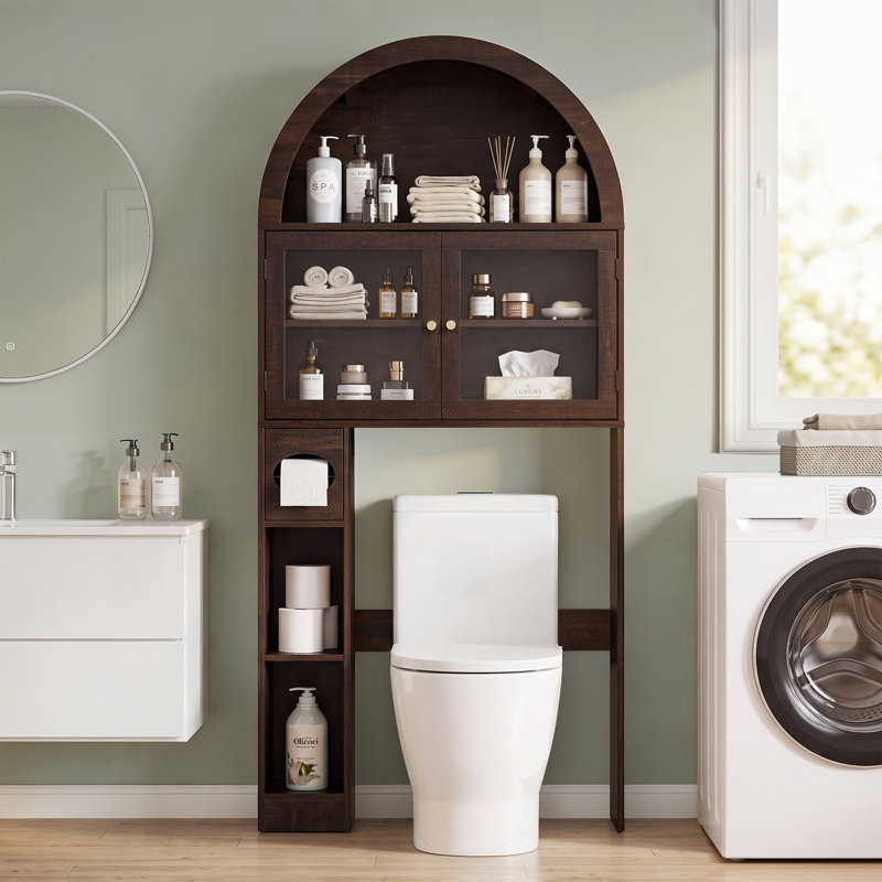 Armoire de rangement au-dessus de la toilette H 68 po, organisateur de salle de bain autoportant avec portes en verre, tablettes réglables, armoire arquée et porte-papier hygiénique