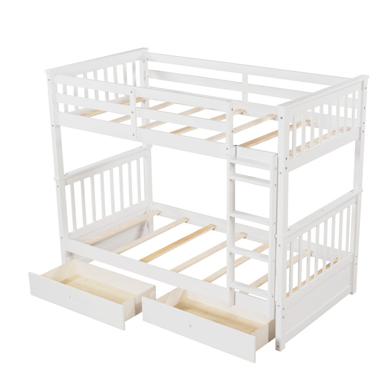 White Twintwin Bunk Bed With Storage - Adds Style To Bedroom And Ladders White, Fits Various Bedrooms