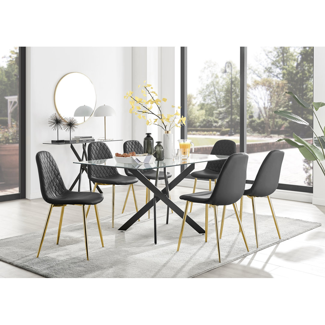 Lenworth Modern Black Metal and Glass Dining Table Set with 6 Luxury Faux Leather Dining Chairs East Urban Home Color
