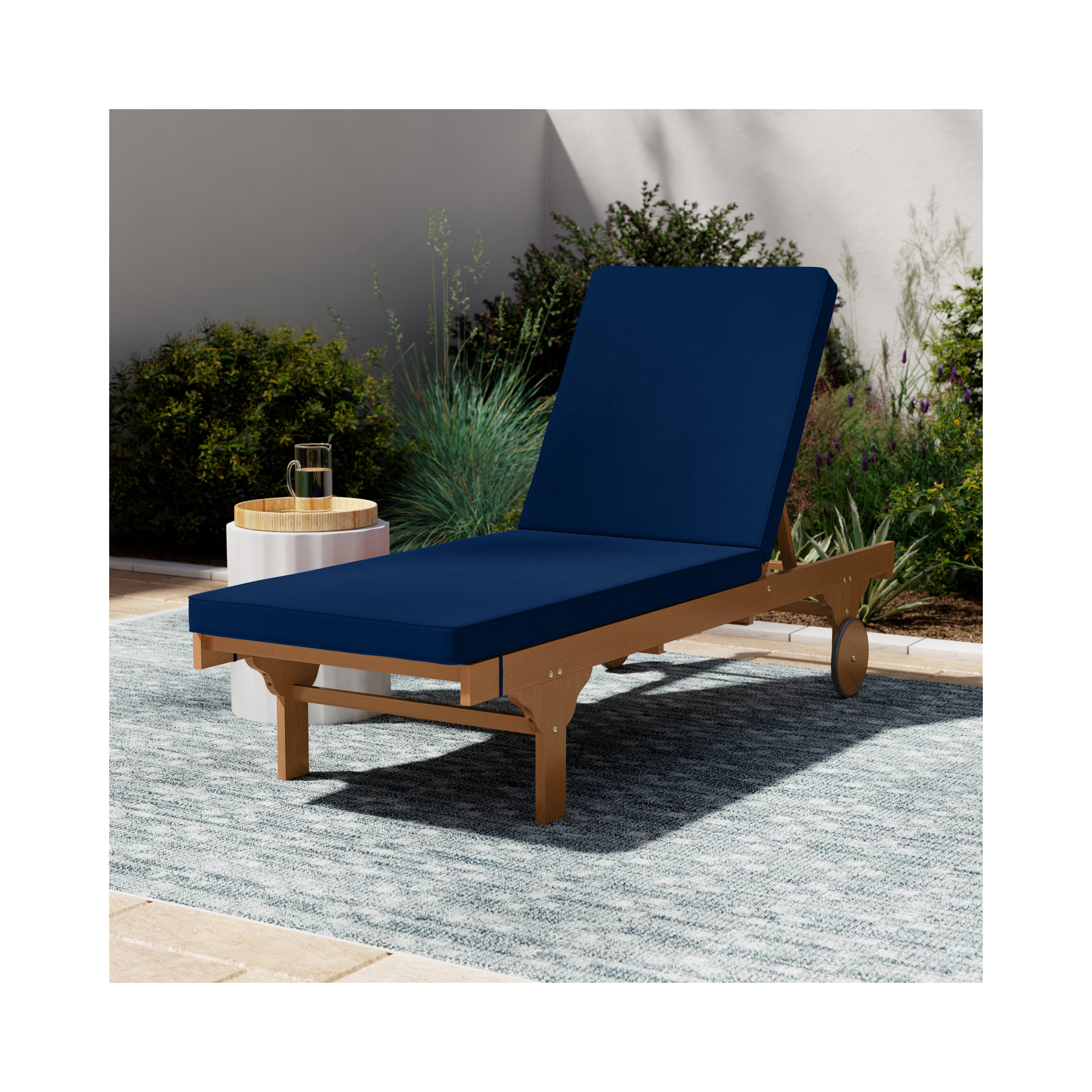 27.6'' Outdoor Eucalyptus Chaise Lounge, Natural, Navy