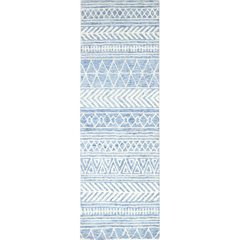 Handmade Tufted Denim Wool Geometric Runner Rug