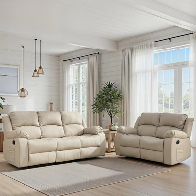 2-Piece Faux Leather Manual Reclining Sofa, Overstuffed Armrest 2+3 Seater Recliner Sofa Set,Beige
