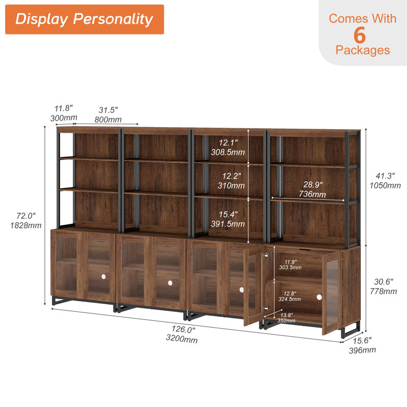 4 PCS Modern 72" Sideboard With Glass Doors And Adjustable Shelves, Multifunctional Buffet Cabinet With Storage And Open Shelves For Dining Room Or Kitchen