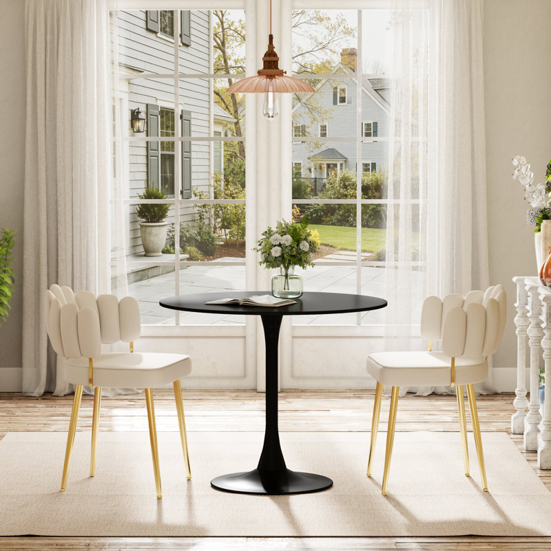 Ensemble de salle à manger élégant avec piédestal et chaises en velours, Ensemble de trois pièces : table, deux chaises, Noir